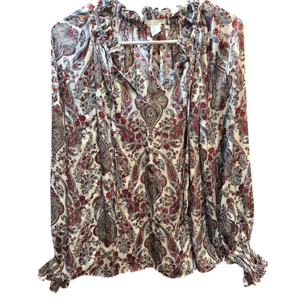 HM Womens Paisley Floral Peasant Blouse Red Blue Ruffle Tie Neck Smocked Cuffs 8